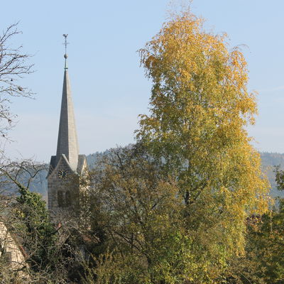 Bild vergrößern: Blick auf den Kirchturm St. gidius in Stckach im Herbst